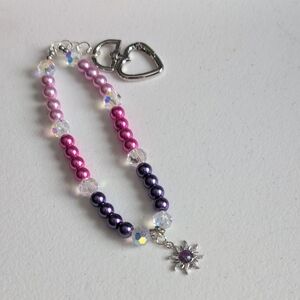 Pink and Purple Beaded Keychain with Sun Charm
